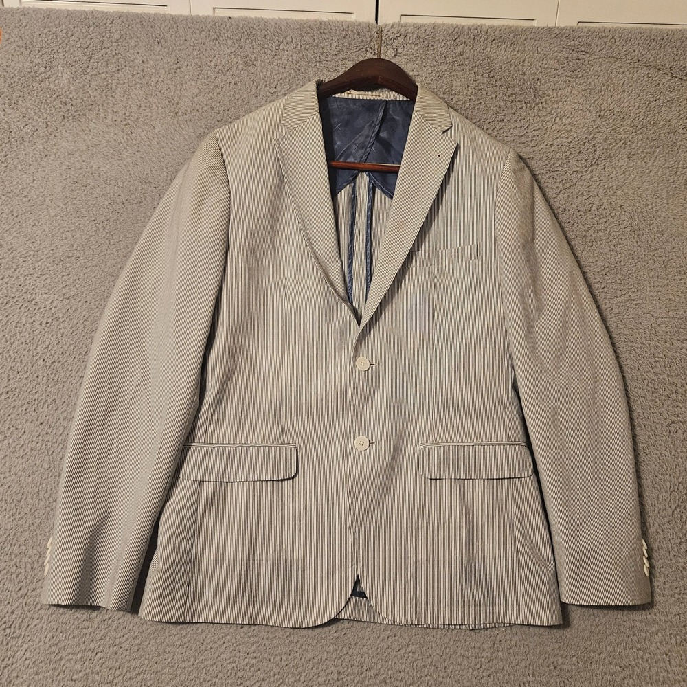 Strong Suit Lusso Mens 40R Blazer Gray White Pinstripe Wool Cotton Sport Coat
